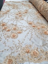 3d Floral Lace Gold Fabric By The Yard Embroidery Beads And Sequins On Mesh