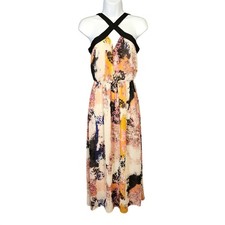 BAR III Size Small Flowy Chiffon Splatter Paint Black Trim Halter Maxi Dress