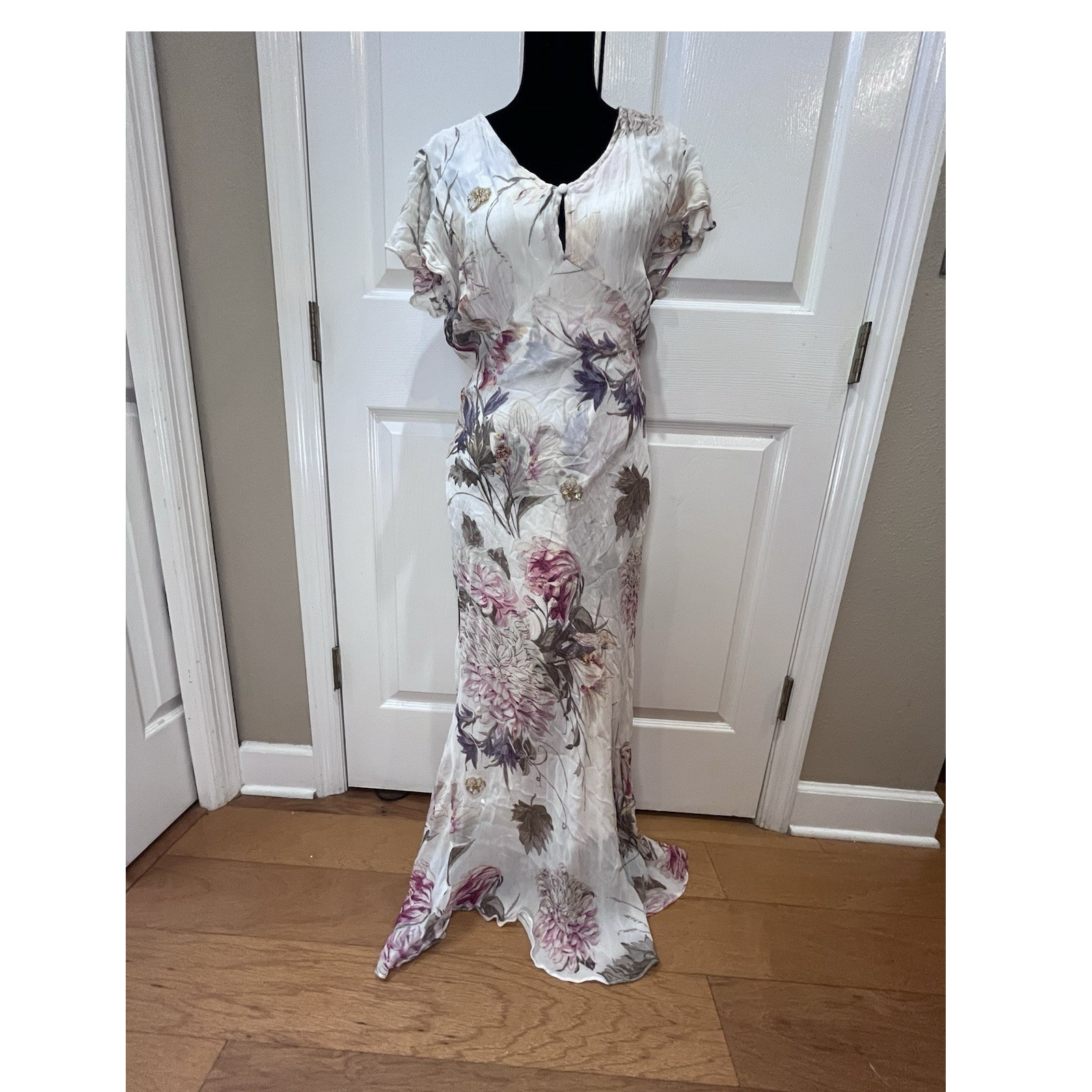 Vintage Nostalgia Floral Maxi Dress L V-Neck Flutter Sleeve Ivory Pink