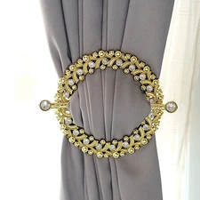 2 GOLD Plastic 7" Round Curtain Tie Backs Acrylic Crystals Drapery Holdbacks