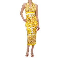 Dolce & Gabbana Majolica Bow Silk Dress White Yellow It 40 De 34 XS S
