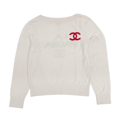CHANEL Size34 Beige Knit Sweater LA PAUSA Red Coco Emblem