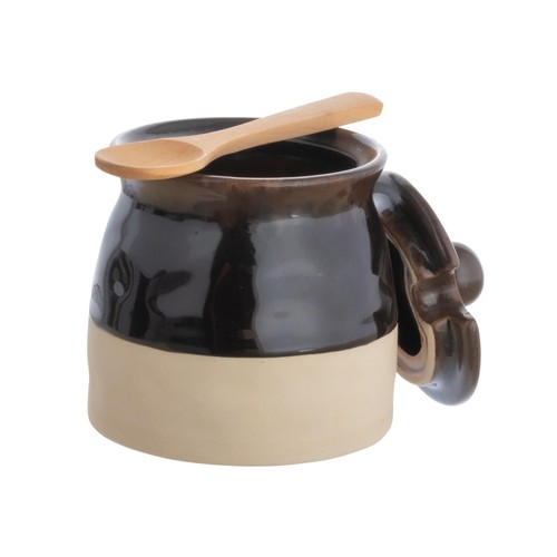 Black Stoneware Sugar Pot with Lid and Wood Spoon - Picture 3 of 7