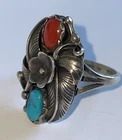 Vintage Ellen Myrtle Navajo Sterling Silver Turquoise & Coral Ring Size 8