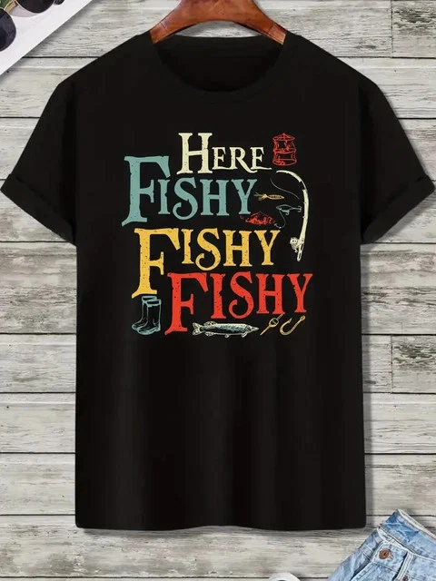 Men's Casual Fishing Graphic T-Shirt "Here Fishy" Print, Sho Size L & XL T-Shirt