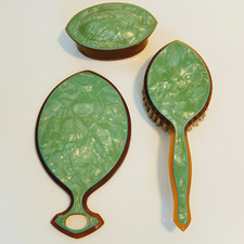 Vtg Art Deco Green Celluloid Pearl Vanity Set - Mirror, Brush, Powder Box, Comb
