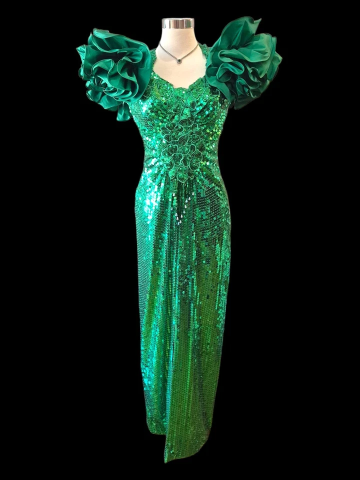 Vestido Largo de Lentejuelas Verdes Años 80 De Colección Talla S Volantes Concurso Cerradura Cuentas Floral Formal Foto 2 de 4