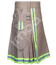 Men's Khaki Firefighter Kilt Reflective Strip Cotton Utility Pockets Custom