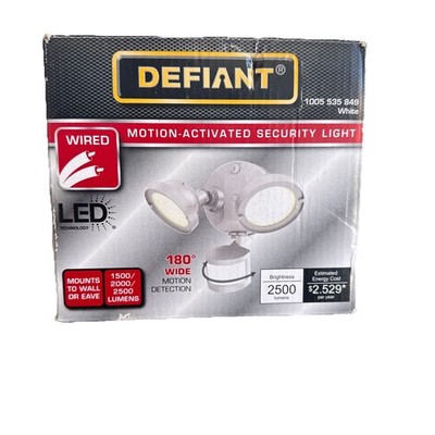 Defiant Motion Activated Security Light NIB 180 deg Wide LED Wire 2500 Lumen.