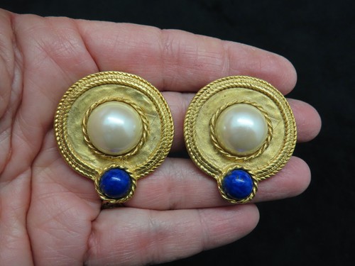 Vintage Ben Amun 1980's Gold Tone Faux Pearl & Faux Lapis Clip Earrings