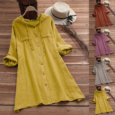 Damen Langarmshirt Bluse mit Kapuze Oberteile Freizeithemd Lose Tunika Longbluse