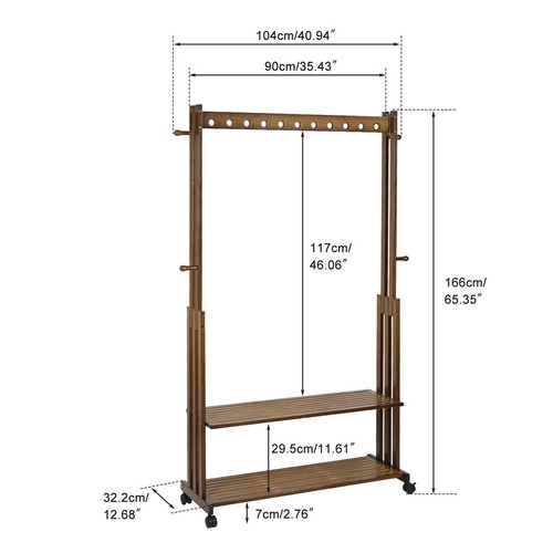 Walnut Wood Rolling Clothing Garment Rack Open Wardrobe f Entryway Bedroom Shop - Picture 12 of 16
