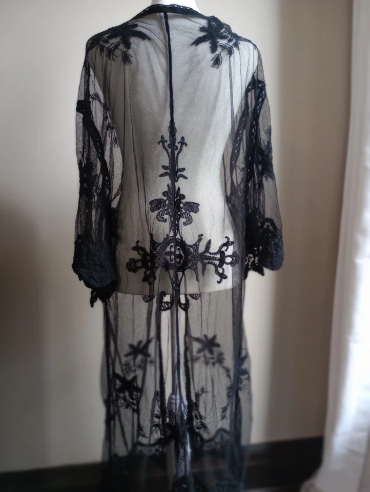 Cárdigan largo de encaje negro con corbata delantera gitana bruja caprichoso gótico encubrimiento hada Foto 4 de 4