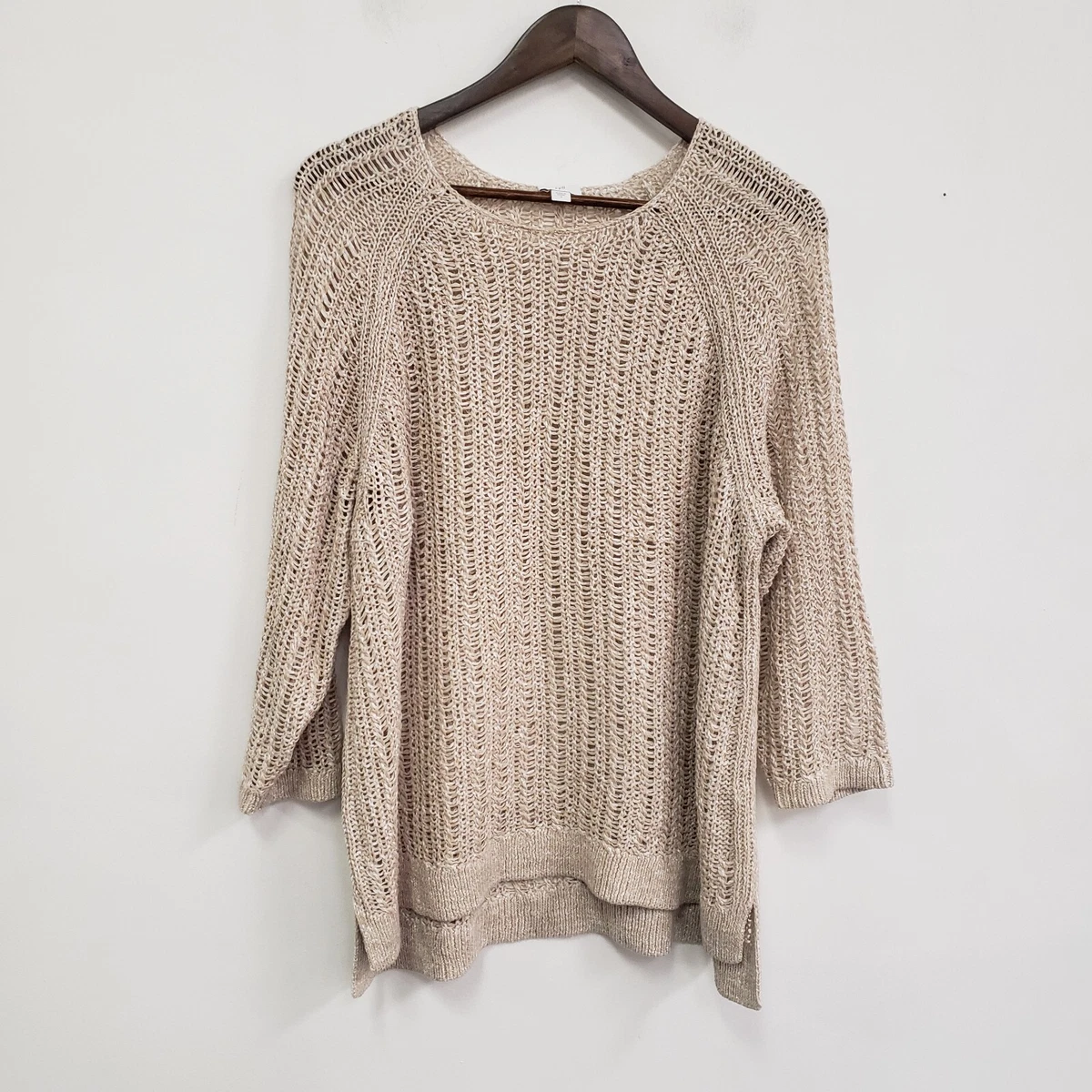 J Jill Womens Open Knit Sweater Size L Tan 3/4 Sleeve Round Neck Pullover  Beach