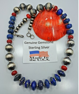 #ad Navajo Pearls Lapis Lazuli Coral Sterling Silver 16 mm Beads Necklace 26 quot; Long $649.00
