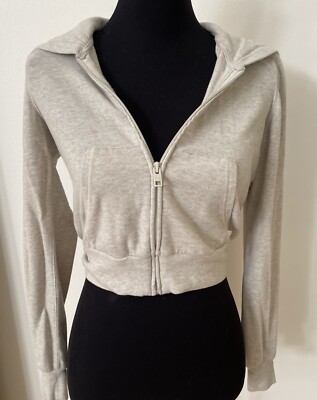 TNA Aritzia Oatmeal Beige Cropped Zip Up Sweater Stretch Hoodie Top XXS 