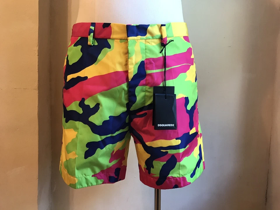 DSQUARED² RUNWAY NEON PINK BLUE YELLOW GREEN CAMOUFLAGE BERMUDA SHORT 50 34 BEAC