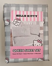 Hello Kitty Queen Sheet Set Gray Checkerboard Pattern 100 Cotton Grey