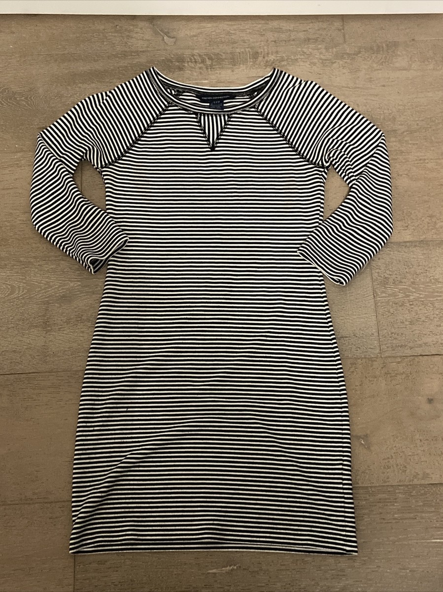 french connection striped cotton dress Preowned French Connection Black & cream striped dress, size 6, cotton