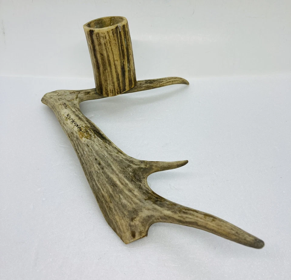 Candelabro vintage años 70 cuerno de ciervo hecho a mano firmado “Kirkones” decoración artística C3 Foto 2 de 4