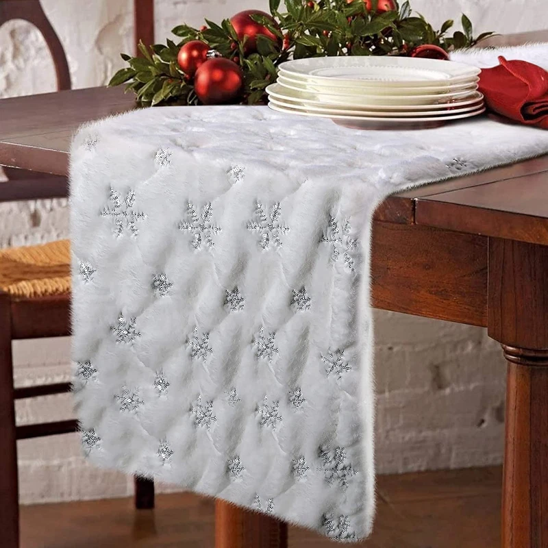 Faux Fur Table Runner with Snowflakes Snowy Rug table Cover Christmas Home Decor - Image 4 of 4
