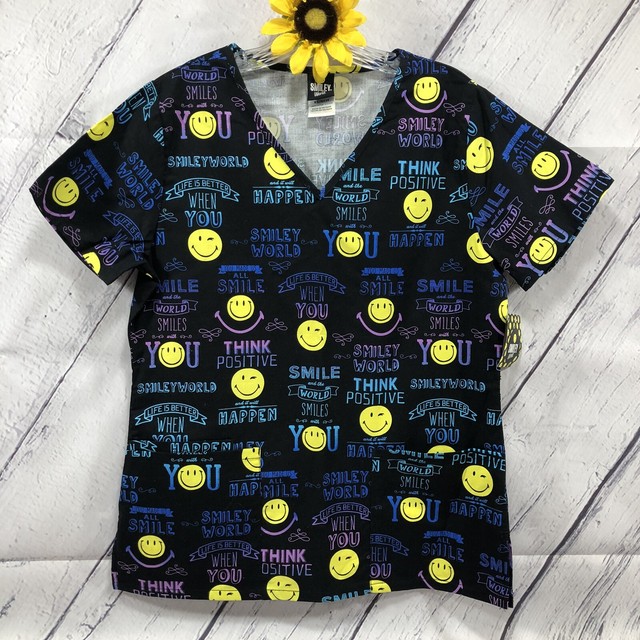 SMILEY WORLD Scrub Top Womens Size XS Nurse CNA Medical Dental Black
