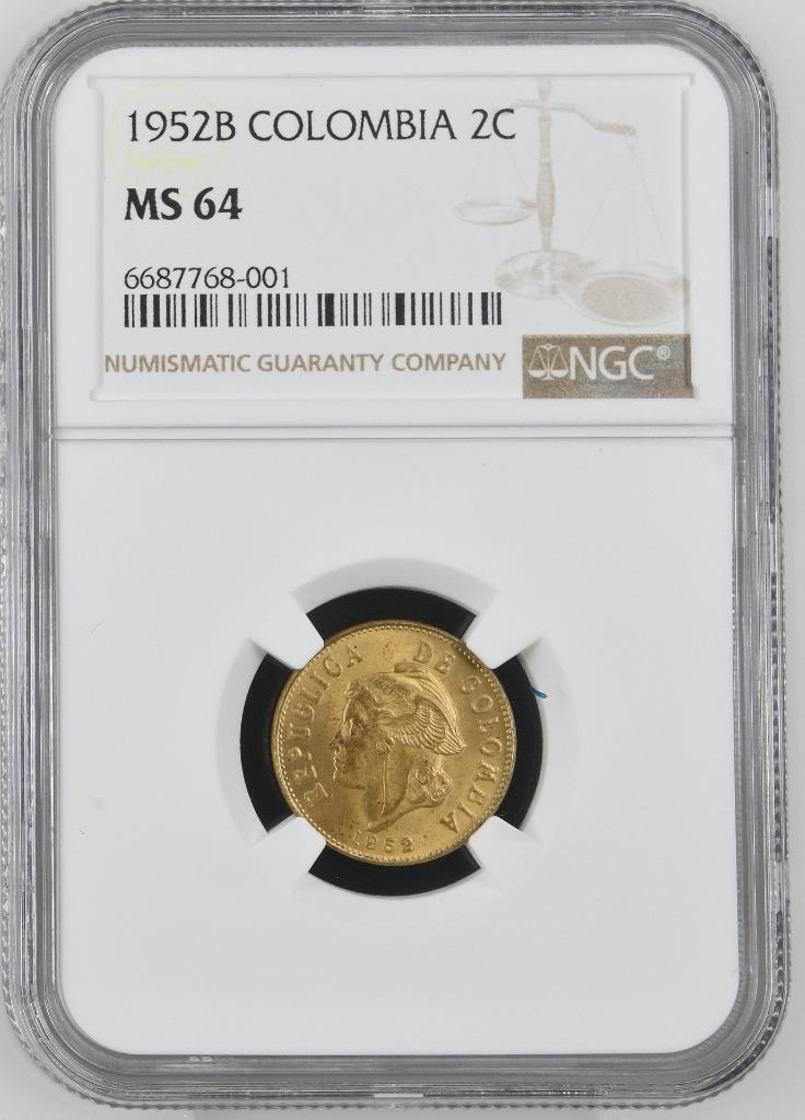 Colombia 2 Centavos 1952B NGC MS 64