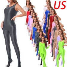 Womens Glossy Full Bodysuit Catsuit Yoga Dance Jumpsuit Round Neck Body Stocking