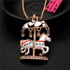 Fashion Women Crystal Cute Carousel Charm Pendant Sweater Chain Necklace