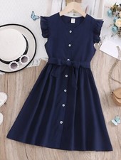 Girls Flutter Sleeve Button Front Belted Dress