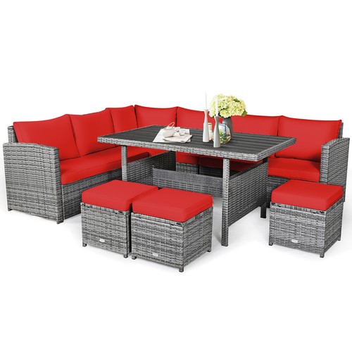 Patiojoy 7 PCS Patio Rattan Dining Set Sectional Sofa Couch Ottoman Garden Red