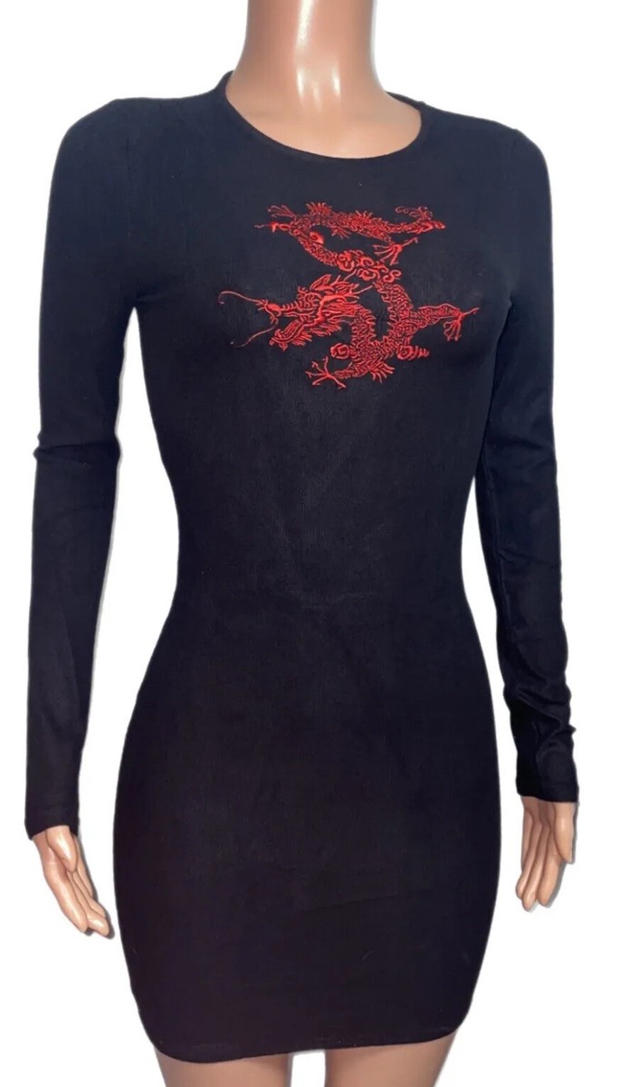 black dress with red dragons Black Chinese Red Dragon Lunar Year L/S Stretchy Mini Dress New Raver Y2K  90s