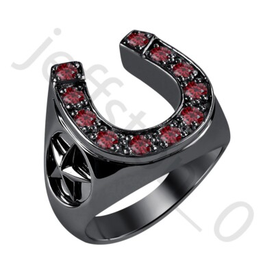 0.50 Ctw Lab Created Red Garnet 14K Black Gold Over 2-Star Horseshoe Men's Ring