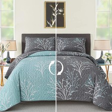DJY Full Size Quilt Set Grey Blue Reversible Bedspread Coverlet 3-Piece Branch