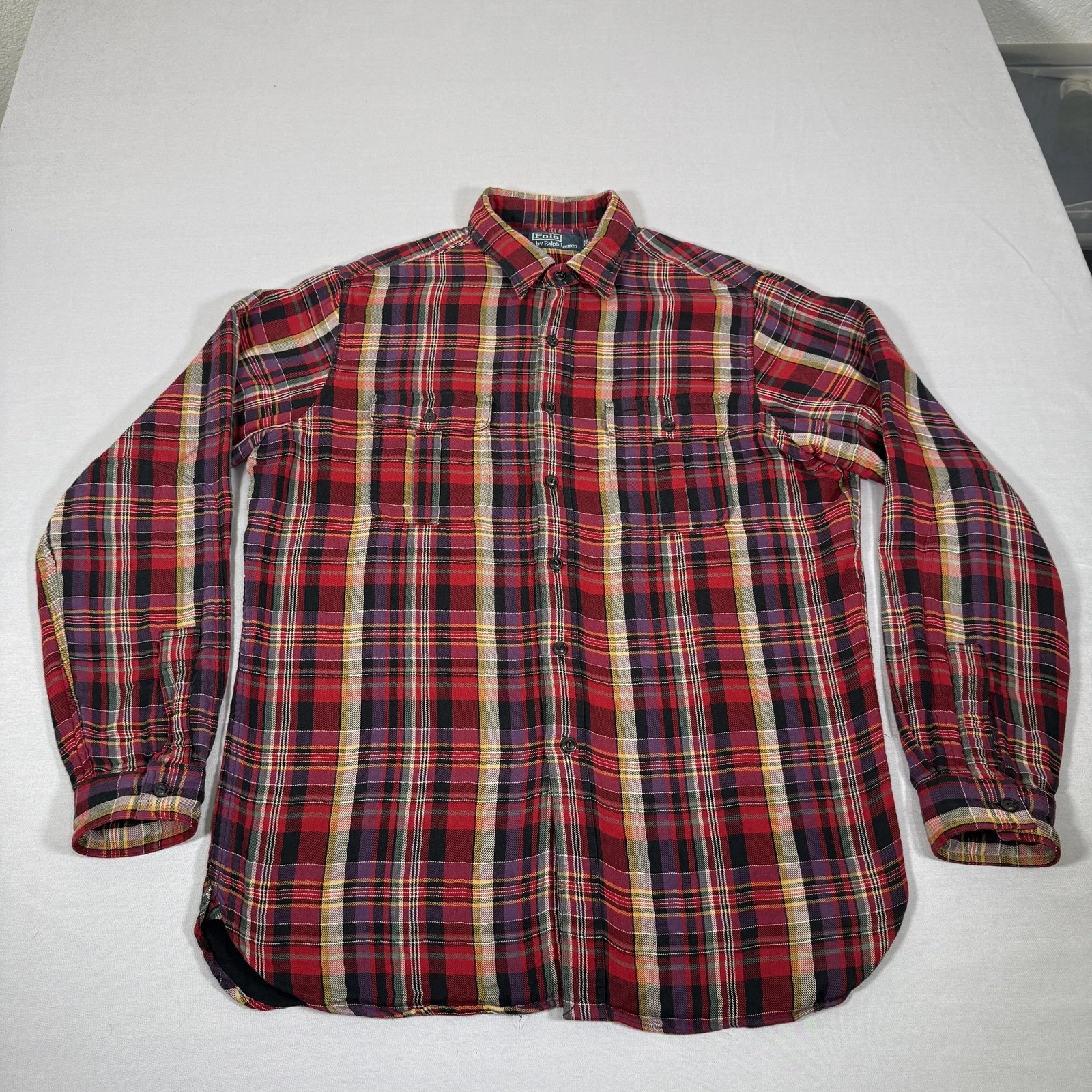 Polo Ralph Lauren Shirt Men Large Red Plaid Flannel Button Up Outdoor Cotton 90s