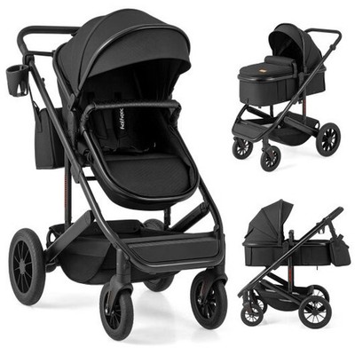 3-in-1 Folding Convertible Newborn Stroller with Detachable Bassinet-Black - Col