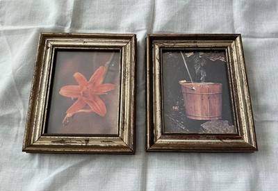 2 Framed Art Prints by James A. Warner Miniatures 4 x 6 Flower & Bucket Rare