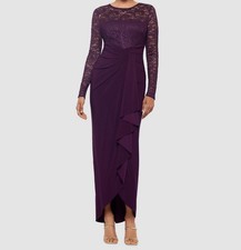B A by Betsy  Adam Women's Purple Illusion Lace Ruffled Gown Dress Size 4