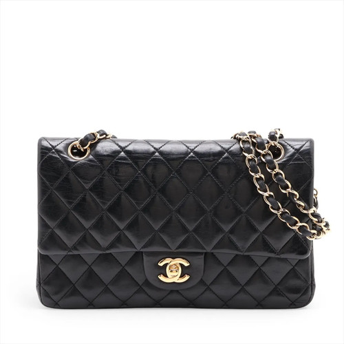 Chanel Matelasse 25 Lambskin Double Flap Double Chain Bag Black Gold Metal Fitti