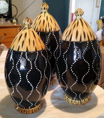 Set of 3 Raymond Waites Certified International Gold and Black Canister Jars