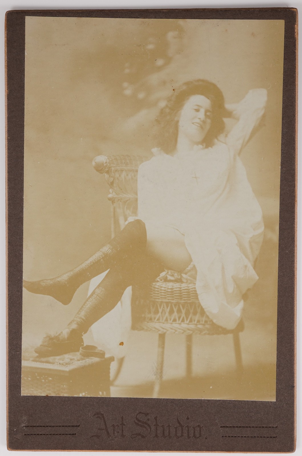 Cabinet Card Young Gorgeous Brothel Risque Lady In Dress & Stockings Relaxing