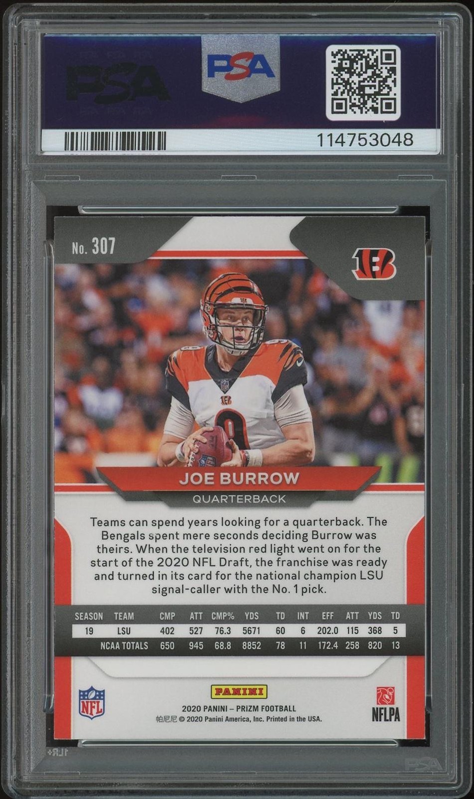 2020 Panini Prizm Football #307 Joe Burrow Rookie PSA 9 (MINT) view 2
