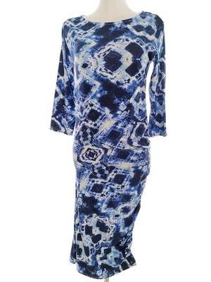 ICHI Damen Kleid Gr. XS Blau Viskose 3/4 Ärmel Midi Runder Ausschnitt