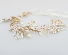 Tiara gold white floral crystal bridal headband pearl leaf ribbon hair accessory