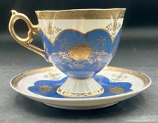 Vintage Iridescent Porcelain Footed Tea Cup And Saucer