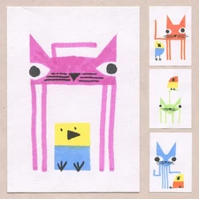 Tim Olly Set of  4 - Weirdcat set 1 - original paintings ACEO art card cat bird