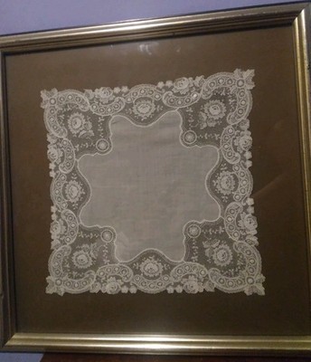 10x10 Antique Victorian Point De Gaze Lace Handkerchief Framed