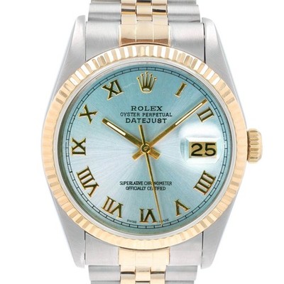 Rolex Datejust 16233 Mens Two-Tone Watch Ice Blue Roman Dial Fluted Jubilee Band