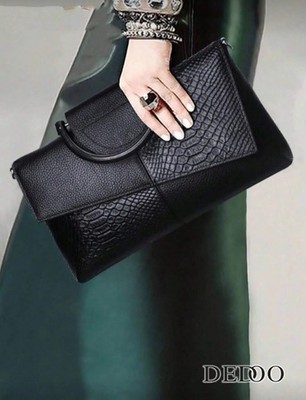 Women Vintage Crocodile Print Evening Clutch Bag Retro Black Prom Envelope Purse