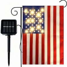American Garden Flag with Lights, Solar LED 12x18 Double Sided US Flag Burlap